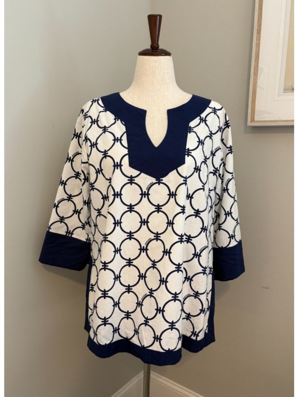 Gretchen Scott 2XL Circle of Love Navy White Tunic 3/4 Sleeve Coastal Preppy